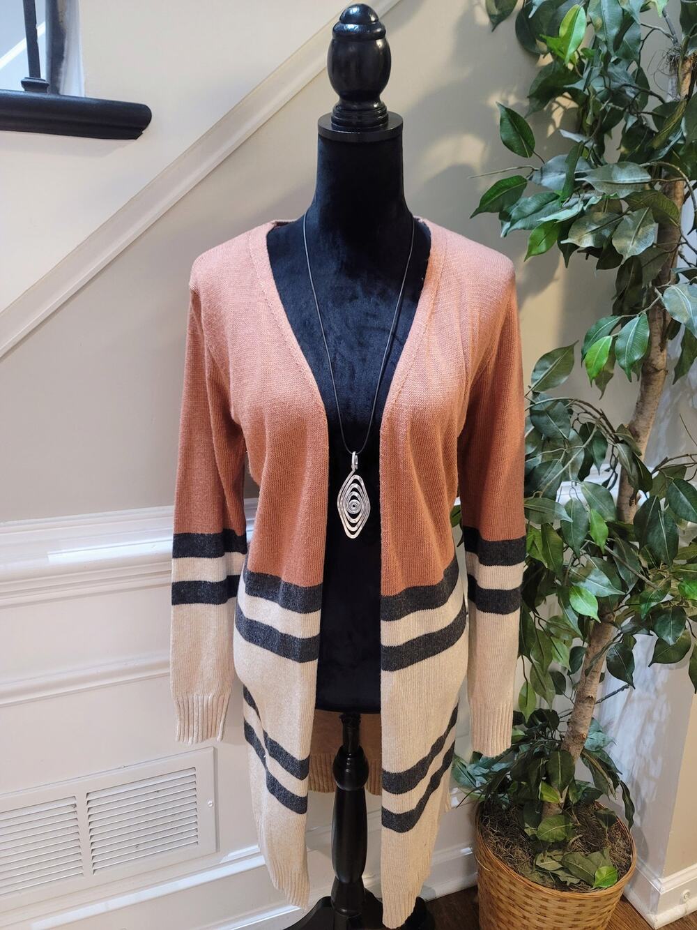Doe & Rae Longline Cardigan Sweater Women's Small Multicolor Striped Open Front